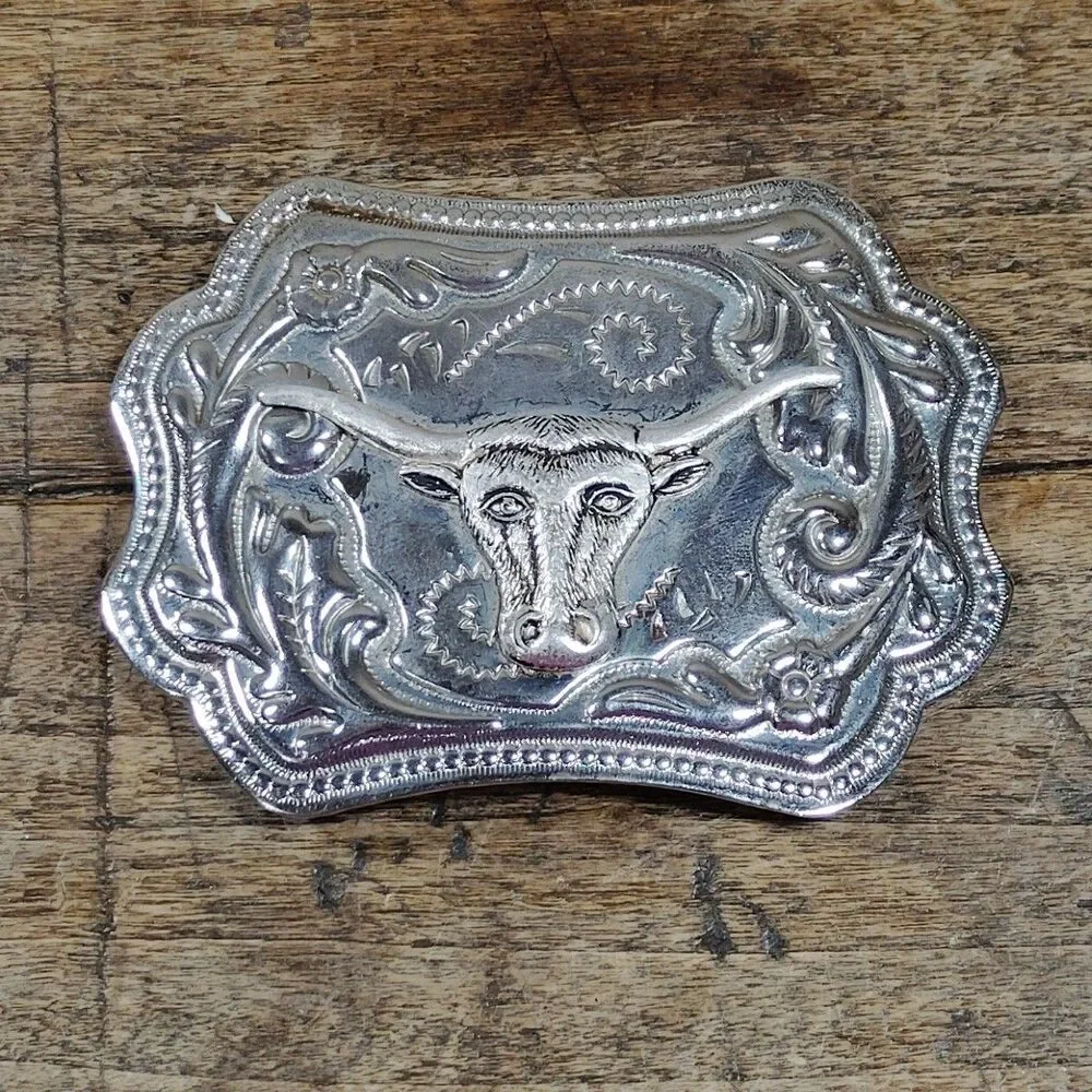 Vintage Belt Buckle Longhorn Texas Bull Western Silver Tone Cowboy Rodeo
